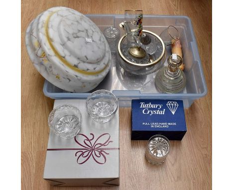 A collection of glass wares including a lemonade set, 1950's decanter and small glasses, Tutbury Crystal light shade etc