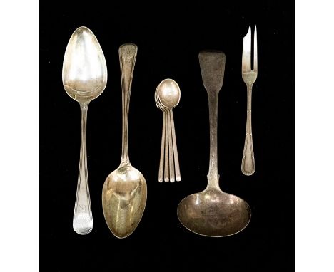 A collection of silver spoons, comprising a pair of Georgian table spoons, hallmarked for London, 1813, a Georgian ladle, a s