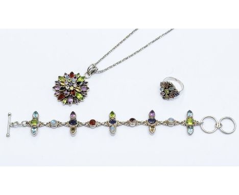 A collection of silver and gem set jewellery to include a bracelet set with round, pear and oval cut stones to include moonst