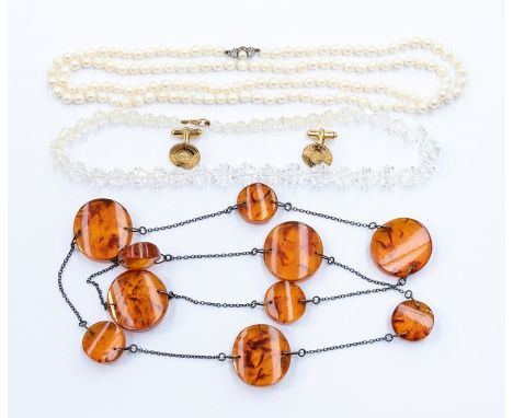 A collection of costume jewellery to include a pearl necklace single strand, length approx 35'' with pearl and paste set silv