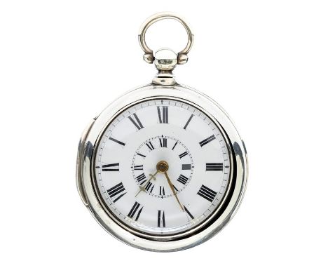 A late George III silver pair case pocket watch, by Thomas Matthews Knighton, the white enamel dial chapter ring with Roman n