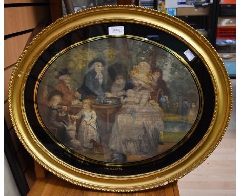 After George Morland engraved by Soiron, a pair of antique colour mezzotints titled: St. James Park and A Tea Garden, in oval