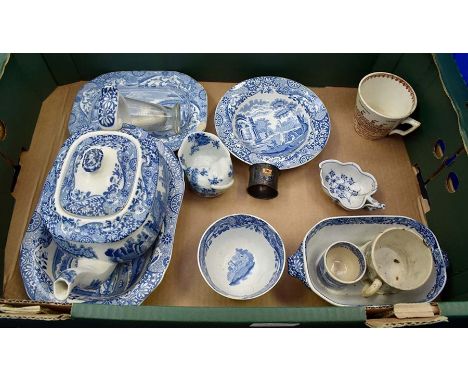 Two early 19th Century blue and white pickle dishes, along with blue and white Copeland Spode