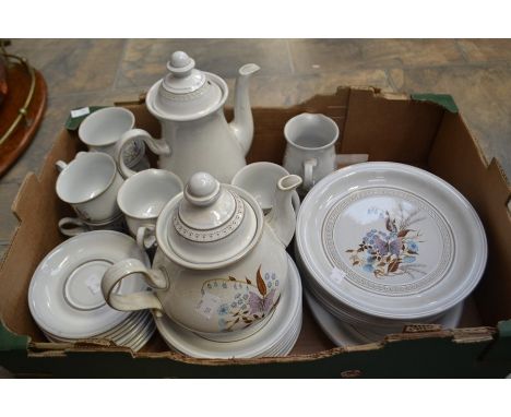 A Denby Pottery Lorraine Pattern part dinner set including eight large plates, eight small plates, serving plate, six cups, n