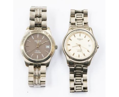Two gents titanium Tissot watches, to include a PR 50 with a grey dial, silvered baton markers and date aperture on bracelet 