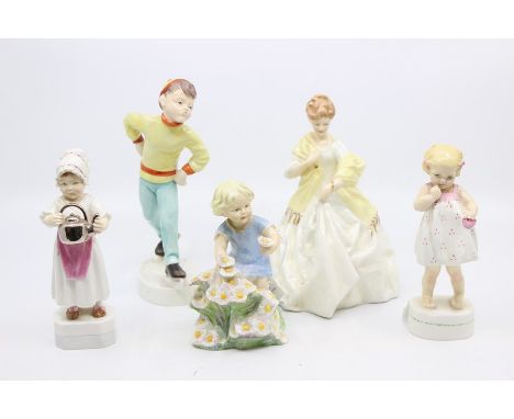 A collection of five Royal Worcester figures including First Dance, Pilly Put the Kettle on, Only May and Tuesdays Child