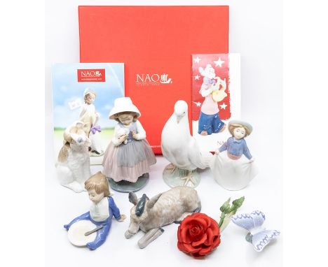 A collection of Nao figures, boxed, booklet and rose (10)