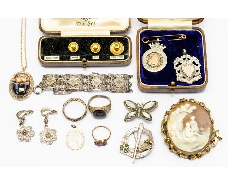 A collection of jewellery to include three 9ct gold dress studs, weight approx 2.2gms (cased) along with silver and white met