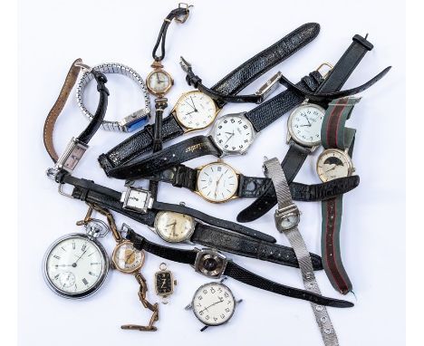 A collection of watches to include two 9ct gold early 20th Century watches on later leather and plated metal expander strap, 