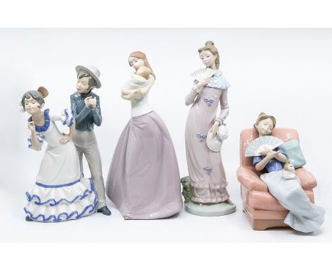Four Nao figures of young ladies, dancers with baby and relaxing