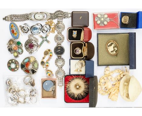 A collection of costume jewellery to include 32 various silver rings, some stone set including a Blue John set ring, combined