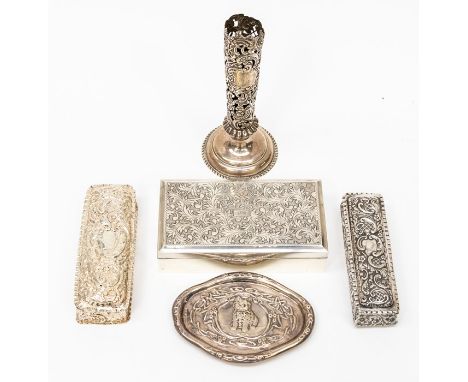 A collection of silver to include: Edwardian shaped oval pin tray the central chased with a Cat wearing a ribbon within ribbo