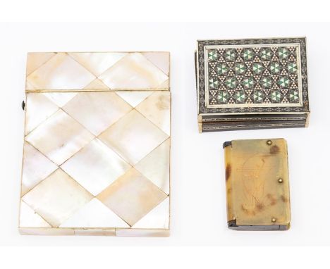 Three assorted boxes, to include a Mother-of-Pearl calling card box, size approx 100mm x 75mm, a tortoiseshell snuff box appr