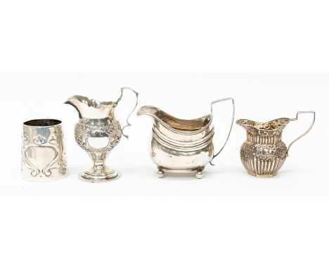 A group of silver to include three creams jug and christening mug: 1 x Victorian ogee shaped, London, 1886, maker's mark rubb