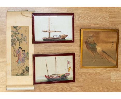 A pair of Chinese watercolours depicting ships at sea, a Chinese scroll, with a watercolour scene, plus a watercolour depicti
