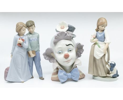 Lladro still life of a clown with two Nao figures of young adults