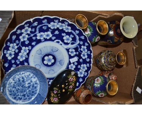 A collection of Chinese and Japanese vases, Cloisonne vases, blue and whites, 19th Century Japanese plate, a lacquered box, S