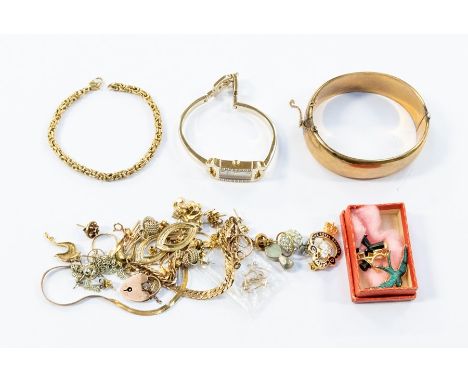 A collection of jewellery to include a 9ct bangle, engraved to the front, weight approx .23gms, together with quantity of ear