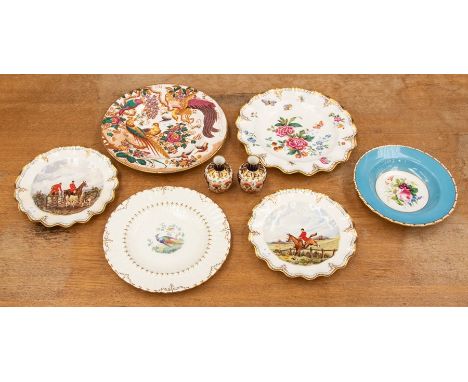 A collection of Royal Crown Derby plates, including hand painted hunting scenes by CM Pall, along with two small vases