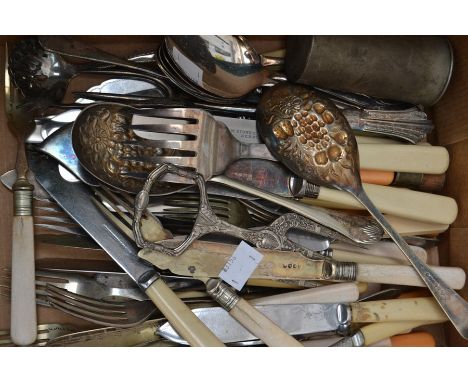 A collection of silver plate and EPNS, bone handled flatware including berry spoon servers, toast forks and a military/huntin