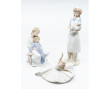 Three Nao figures, nurse, mother and daughter and a ballet dancer