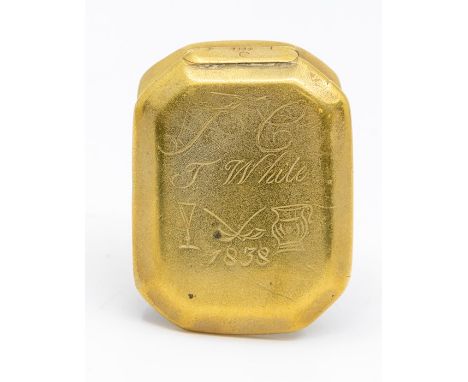 An early 19th Century brass patch box inscribed and dated JC J White 1838, inscribed decoration depicting a drinking glass an