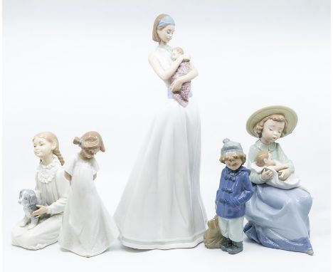 Five Nao figures of young children, lady with baby and girl with baby