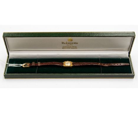 A Rotary 18ct gold cased ladies watch with square bezel, circular dial with Arabic and baton numerals, case diameter approx. 