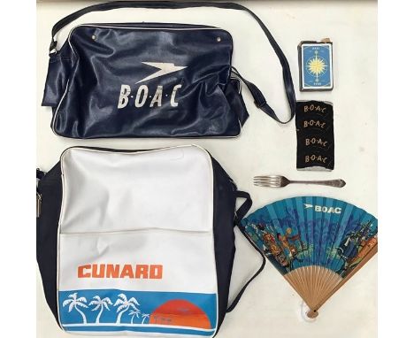 Vintage BOAC airline collectibles including &nbsp;flight bags, one BOAC and one Cunard, fan, fork, sew on badges, playing car