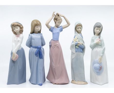 Four Nao figrues of young ladies and Lladro young lady with flowers