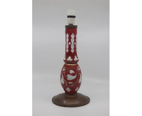A Bohemian ruby flashed opalescent glass vase converted to table lamp, late 19th Century with later copper fittings, of balus