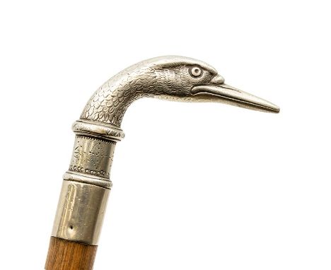 A Continental white metal mounted walking stick, cast as a goose head, unmarked&nbsp;