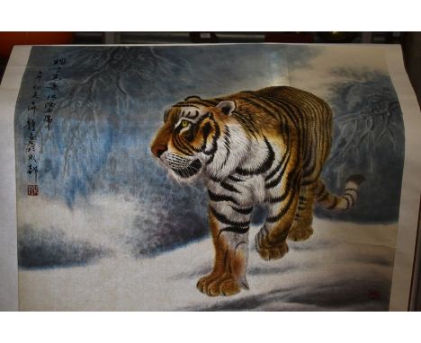 20th Century Chinese brush painting on scroll, depicting tiger in the snow, rolled with hanging supports in card case