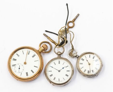 A collection of open faced pocket watches to include two silver open faced ladies versions, with engine turned and foliate de