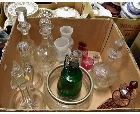 A collection of early to mid 20th Century glass wares, decanters, bowls, glasses in ruby glass