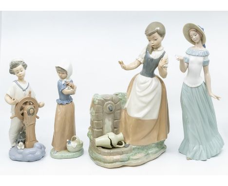 Four Nao figures of young girls and boy, one at the well, sailor and animals