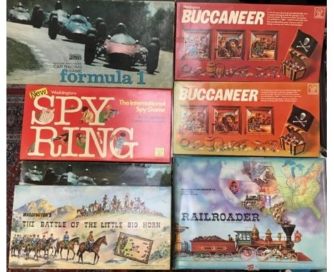 Vintage Board Games by Waddingtons, to include Railroader, Formula 1(two versions), Battle of the Little Big Horn, Buccaneer 