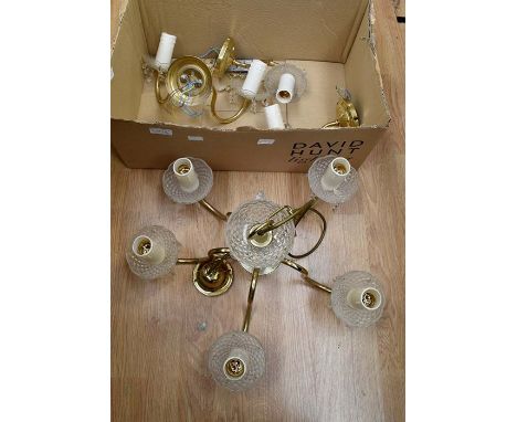 A late Victorian wash bowl and jug, toothbrush pot, soap dish and light fittings (20th century).