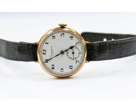 A J.W Benson 9ct gold gents wristwatch, white enamel dial, black number markers, subsidiary dial, blue hands, case diameter a