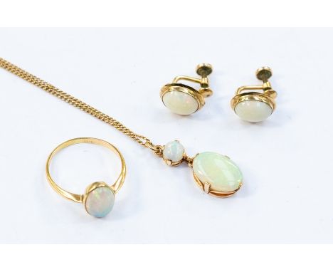 An opal and  9ct gold pendant, set with an oval opal suspended from a round opal set top, length approx 23mm, on a fine link 