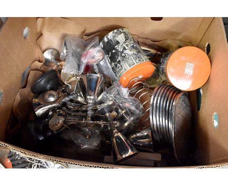 A collection of metal and plated wares including flat ware, jam pans, kitchen ware and ceiling light
