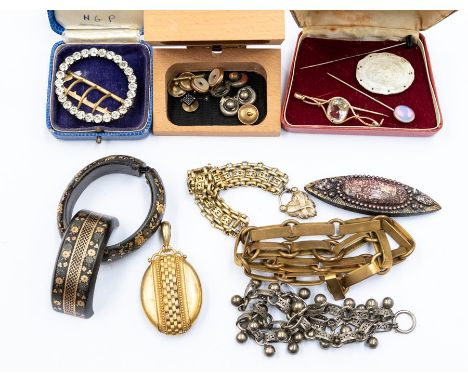 A collection of  Georgian and Victorian and later jewellery to include a Georgian paste set oval buckle, a Victorian white me