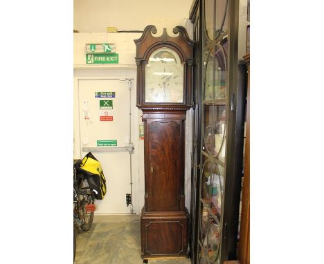 A George III mahogany eight day longcase clock, the hood with a swan neck pediment, white painted dial, moonphase mechanism, 