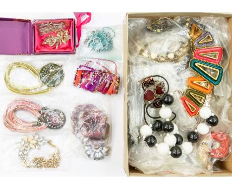 A collection of costume jewellery to include various designs and colours of necklace, bracelet and earrings, some with enamel