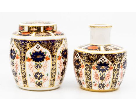 A Royal Crown Derby Imari 1128 pattern squat vase, 11cms high approx, and a matching 1128 Imari pattern jar and cover, 11cms 