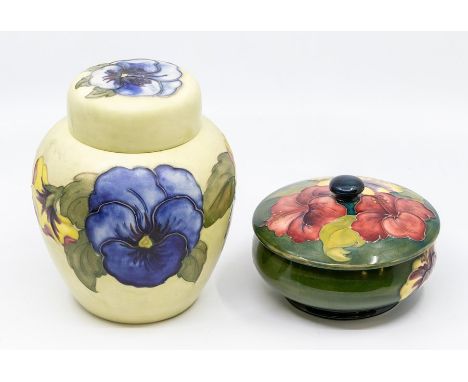 A light green Moorcroft ginger jar, a Moorcroft pin dish, green ground