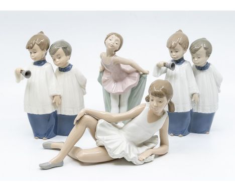 Four Nao figures, two chicks, boys and two ballet dancers