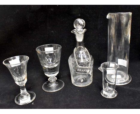 A collection of assorted early 19th Century glass wares, comprising a small acid etched decanter, a small rummer, a facet cut