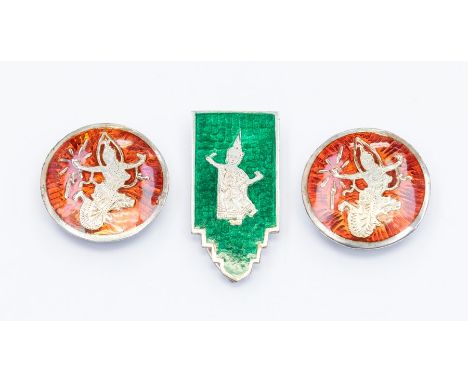 A collection of two Siamese silver enameled clip earrings, red enamel decoration circular design, size approx 25mm, along wit