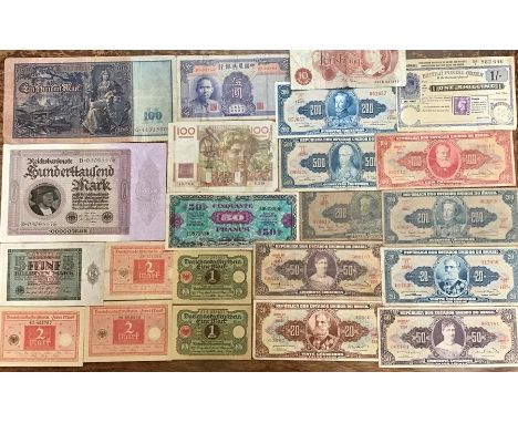 Album of banknotes, to include German Banknotes, 5 million mark, Two mark inflation Banknote, 1910 100 mark, 1923 100,000 Mar